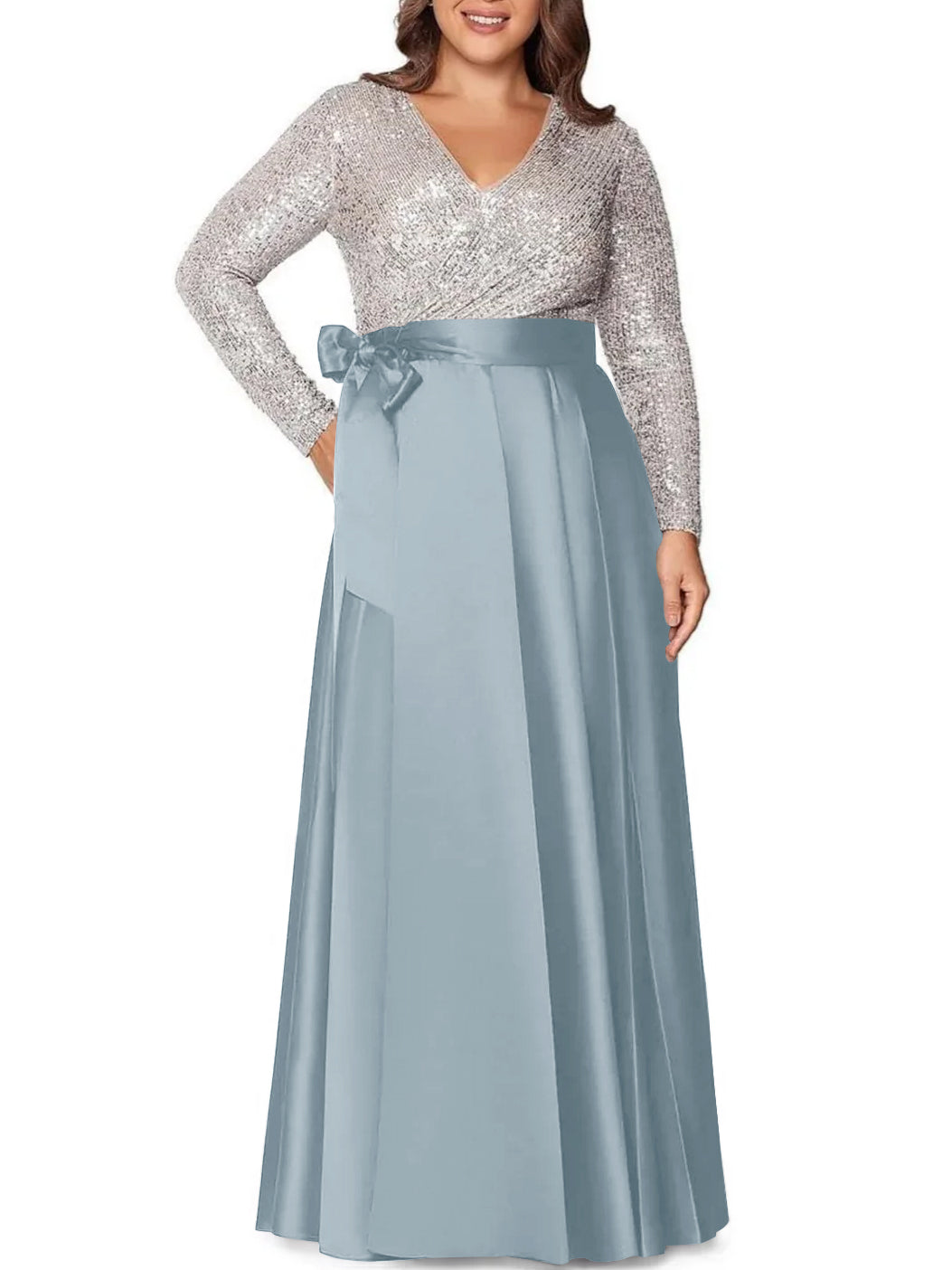 Robe de Mère de la Mariée Grande Taille, Coupe A-Line/Princess, Col en V, Manches Longues, Longueur Au Sol, avec Poches et Paillettes