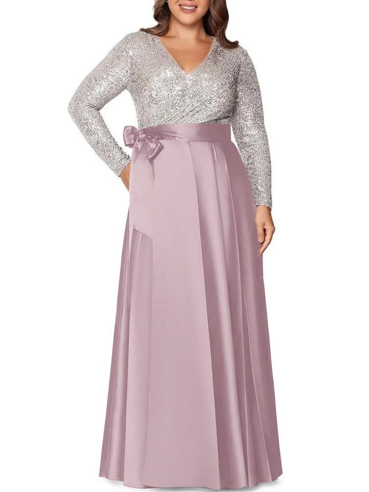 Robe de Mère de la Mariée Grande Taille, Coupe A-Line/Princess, Col en V, Manches Longues, Longueur Au Sol, avec Poches et Paillettes