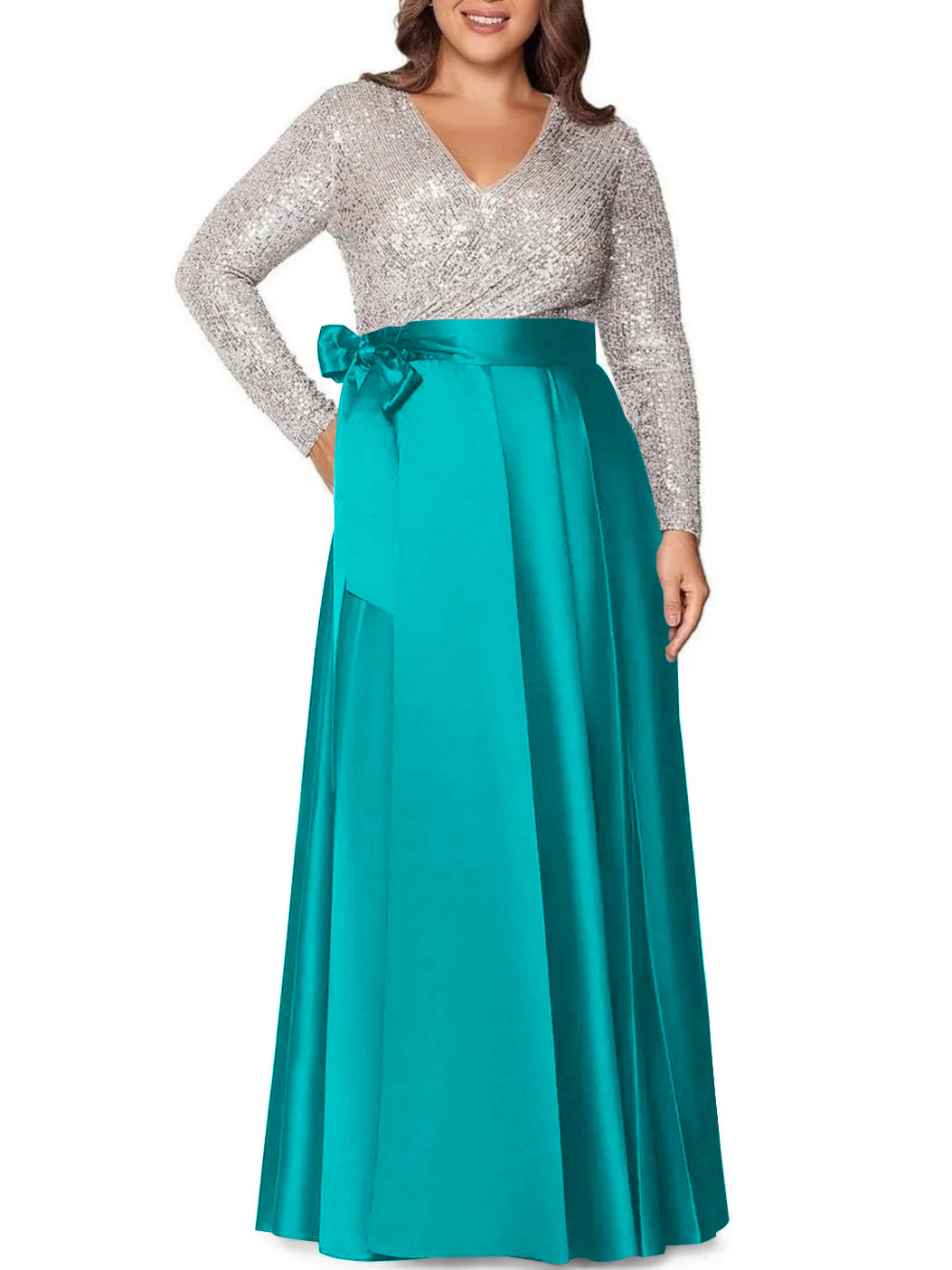 Robe de Mère de la Mariée Grande Taille, Coupe A-Line/Princess, Col en V, Manches Longues, Longueur Au Sol, avec Poches et Paillettes