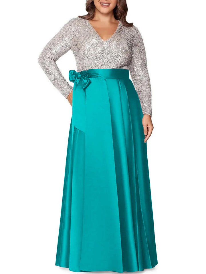 Robe de Mère de la Mariée Grande Taille, Coupe A-Line/Princess, Col en V, Manches Longues, Longueur Au Sol, avec Poches et Paillettes