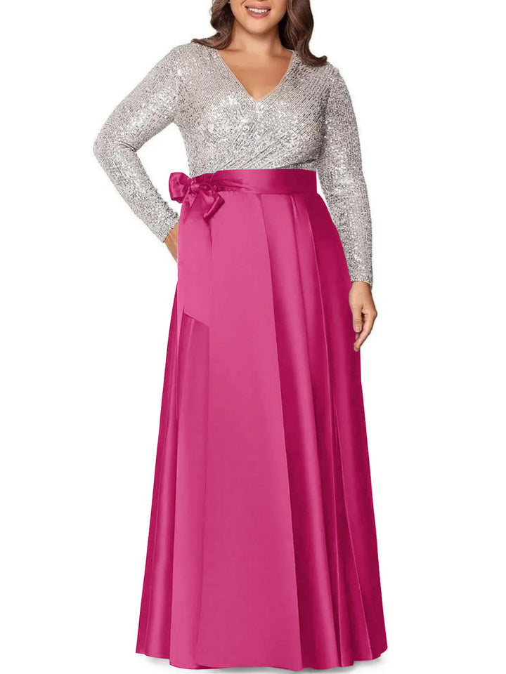 Robe de Mère de la Mariée Grande Taille, Coupe A-Line/Princess, Col en V, Manches Longues, Longueur Au Sol, avec Poches et Paillettes
