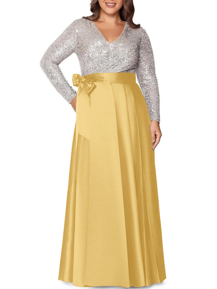 Robe de Mère de la Mariée Grande Taille, Coupe A-Line/Princess, Col en V, Manches Longues, Longueur Au Sol, avec Poches et Paillettes