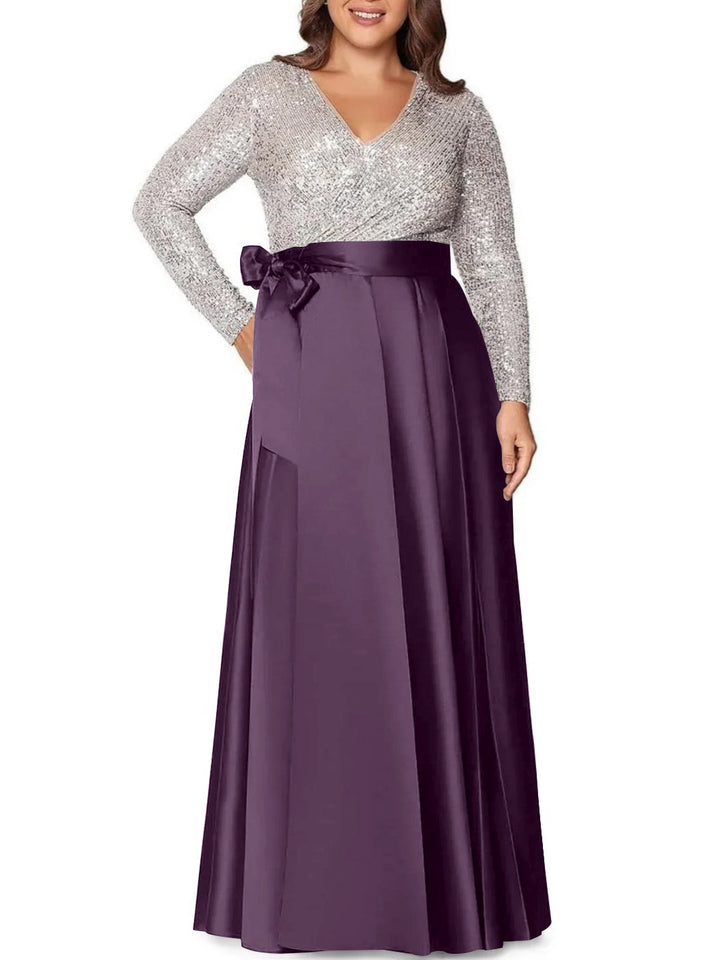 Robe de Mère de la Mariée Grande Taille, Coupe A-Line/Princess, Col en V, Manches Longues, Longueur Au Sol, avec Poches et Paillettes