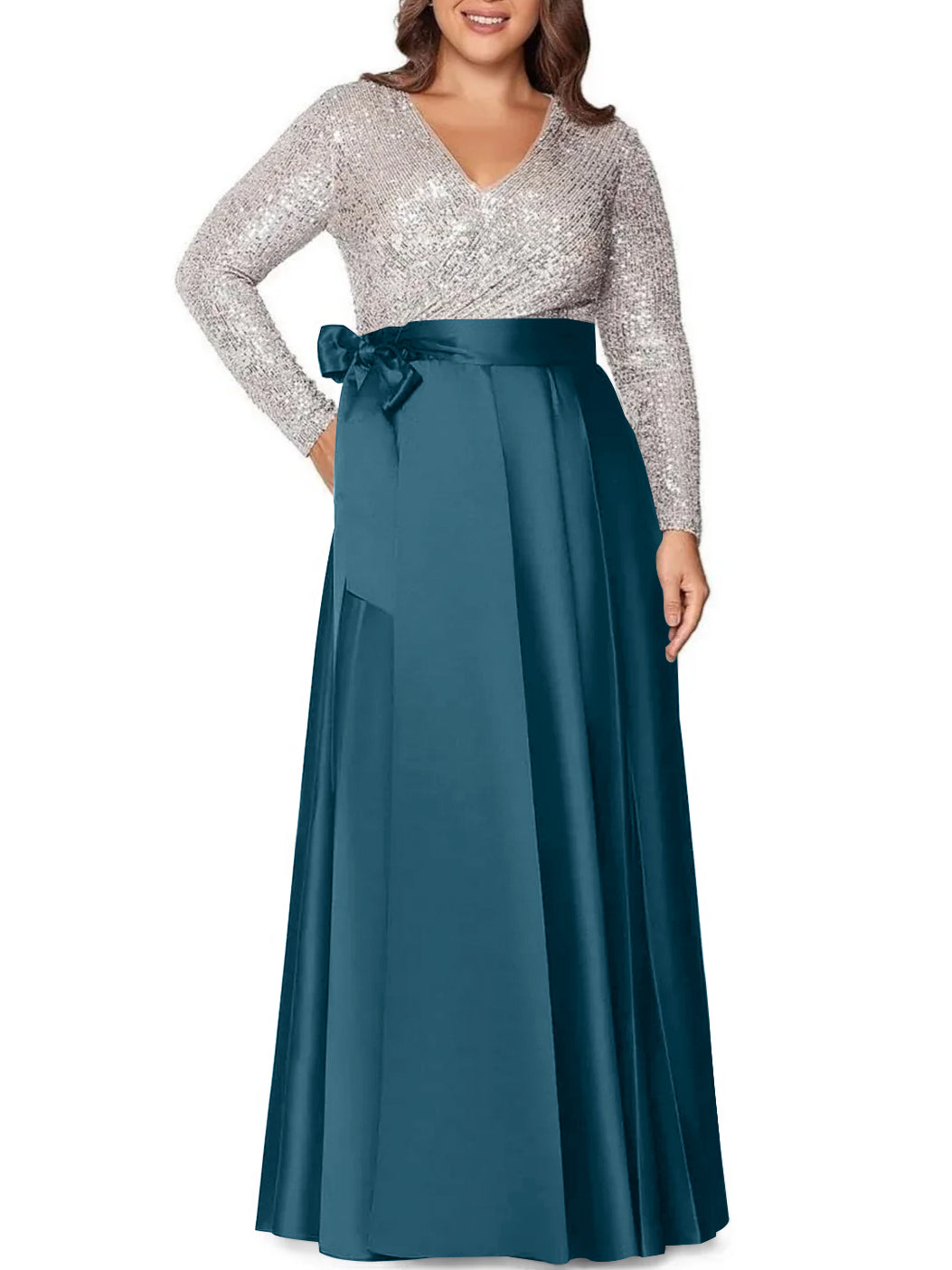 Robe de Mère de la Mariée Grande Taille, Coupe A-Line/Princess, Col en V, Manches Longues, Longueur Au Sol, avec Poches et Paillettes