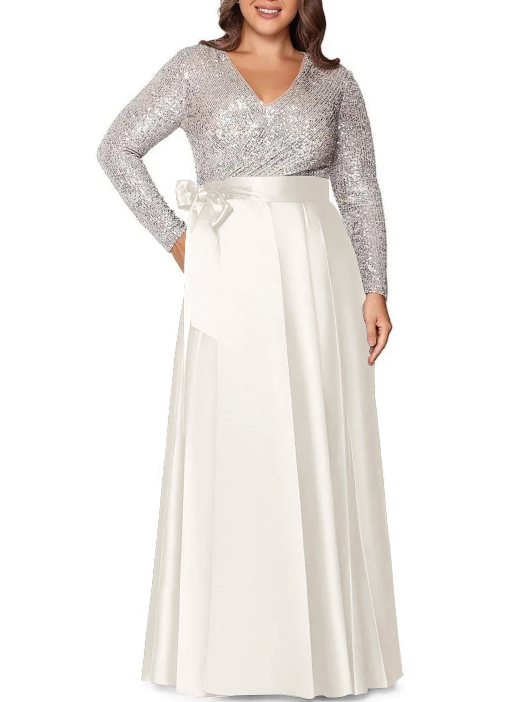 Robe de Mère de la Mariée Grande Taille, Coupe A-Line/Princess, Col en V, Manches Longues, Longueur Au Sol, avec Poches et Paillettes