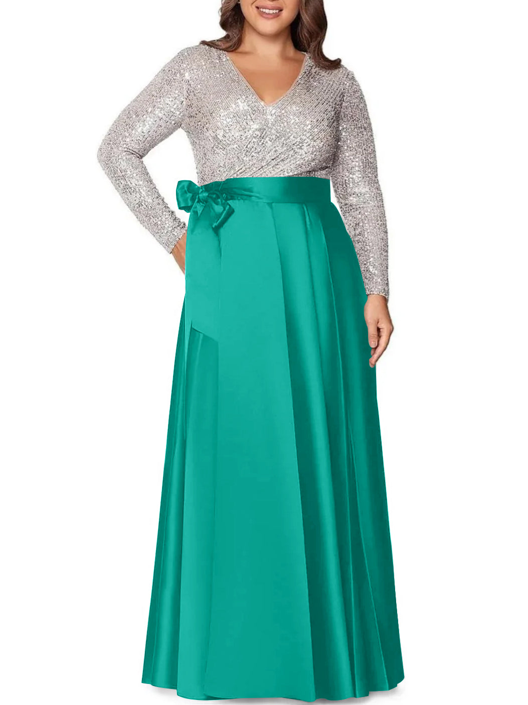 Robe de Mère de la Mariée Grande Taille, Coupe A-Line/Princess, Col en V, Manches Longues, Longueur Au Sol, avec Poches et Paillettes