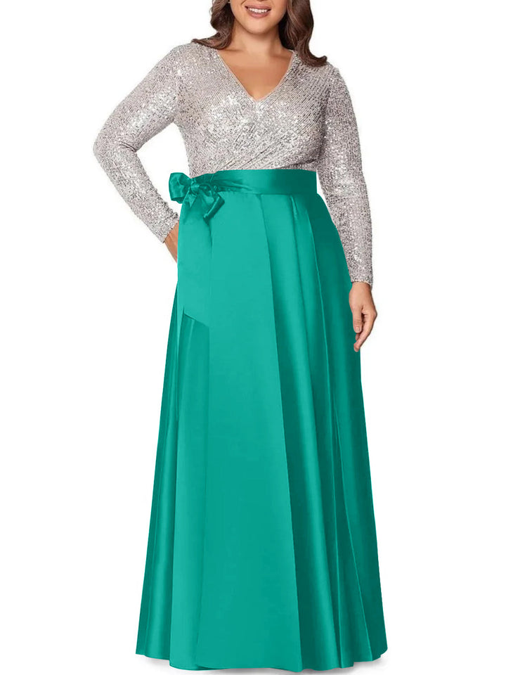 Robe de Mère de la Mariée Grande Taille, Coupe A-Line/Princess, Col en V, Manches Longues, Longueur Au Sol, avec Poches et Paillettes
