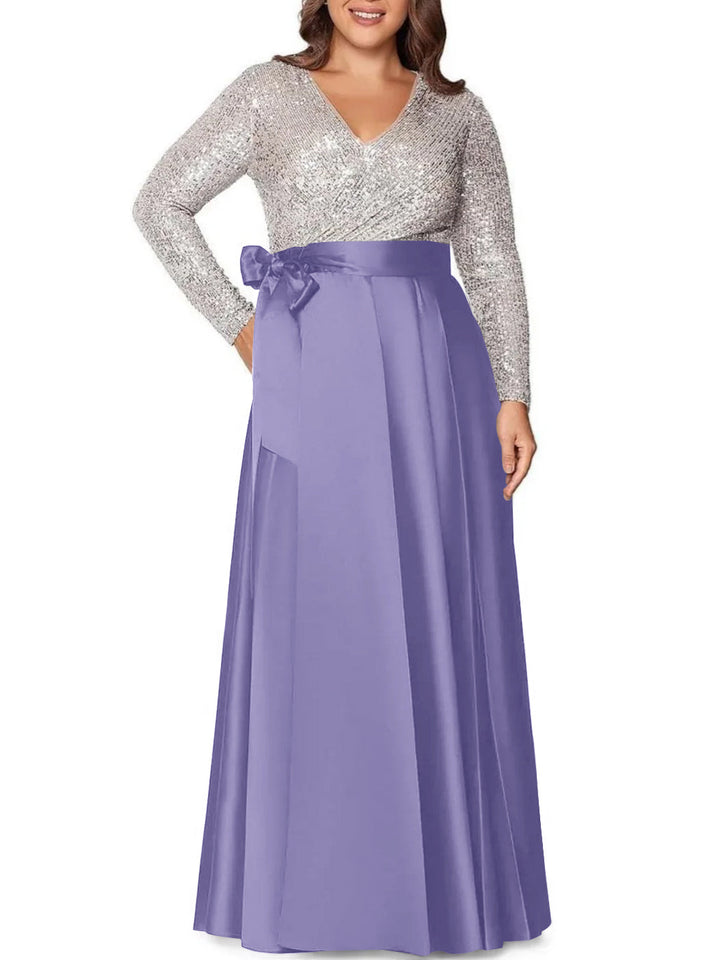 Robe de Mère de la Mariée Grande Taille, Coupe A-Line/Princess, Col en V, Manches Longues, Longueur Au Sol, avec Poches et Paillettes