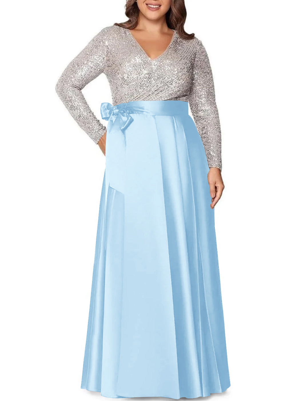 Robe de Mère de la Mariée Grande Taille, Coupe A-Line/Princess, Col en V, Manches Longues, Longueur Au Sol, avec Poches et Paillettes