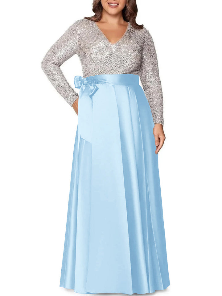 Robe de Mère de la Mariée Grande Taille, Coupe A-Line/Princess, Col en V, Manches Longues, Longueur Au Sol, avec Poches et Paillettes