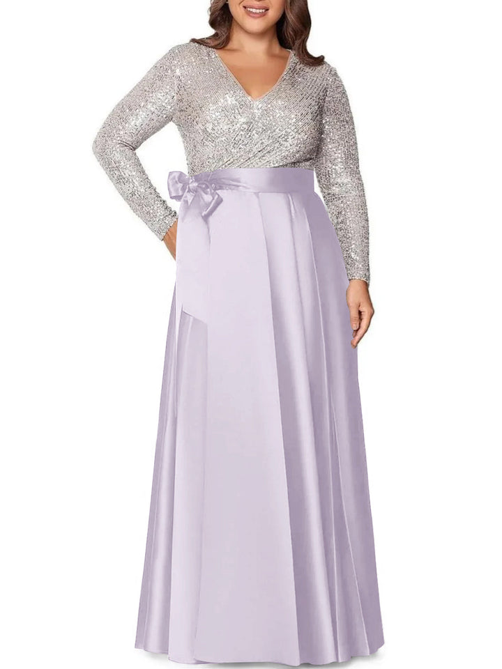 Robe de Mère de la Mariée Grande Taille, Coupe A-Line/Princess, Col en V, Manches Longues, Longueur Au Sol, avec Poches et Paillettes