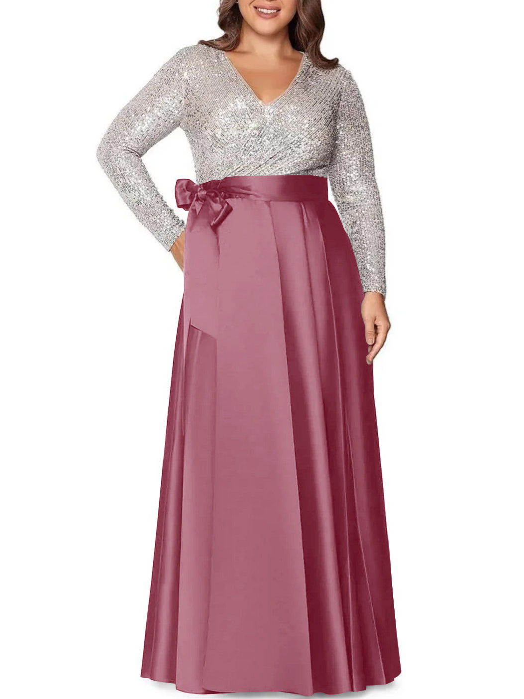Robe de Mère de la Mariée Grande Taille, Coupe A-Line/Princess, Col en V, Manches Longues, Longueur Au Sol, avec Poches et Paillettes