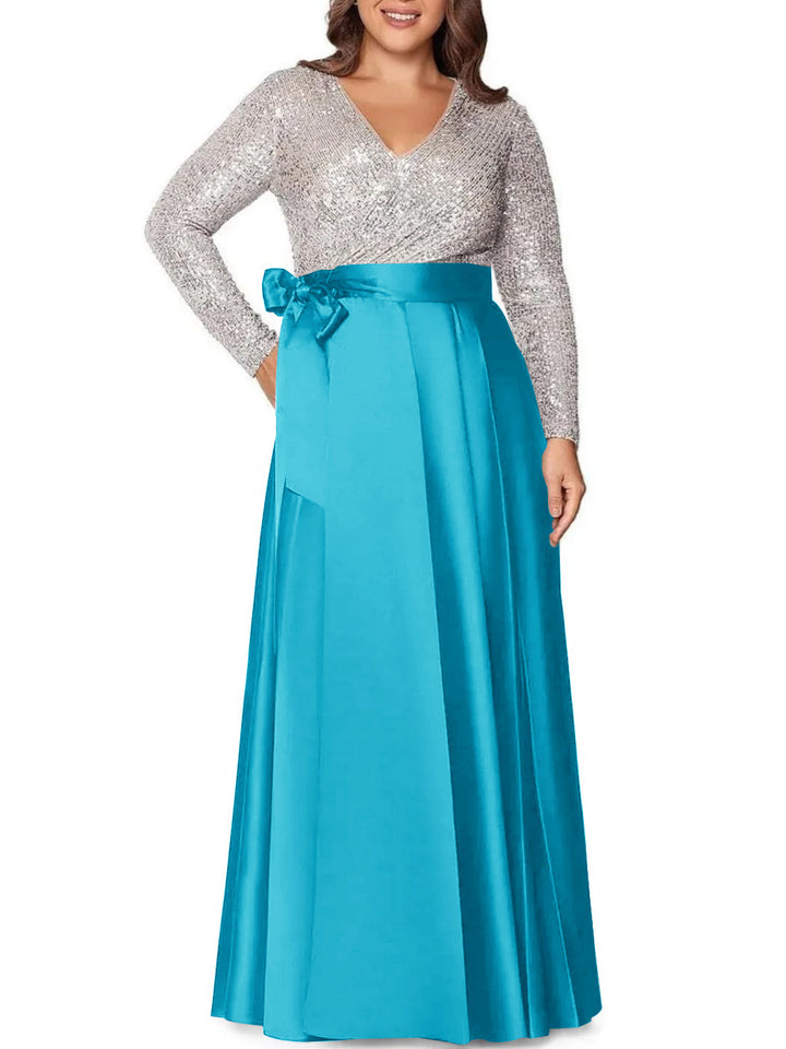 Robe de Mère de la Mariée Grande Taille, Coupe A-Line/Princess, Col en V, Manches Longues, Longueur Au Sol, avec Poches et Paillettes