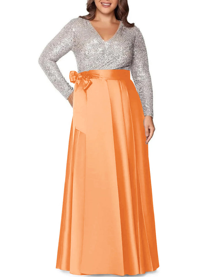Robe de Mère de la Mariée Grande Taille, Coupe A-Line/Princess, Col en V, Manches Longues, Longueur Au Sol, avec Poches et Paillettes