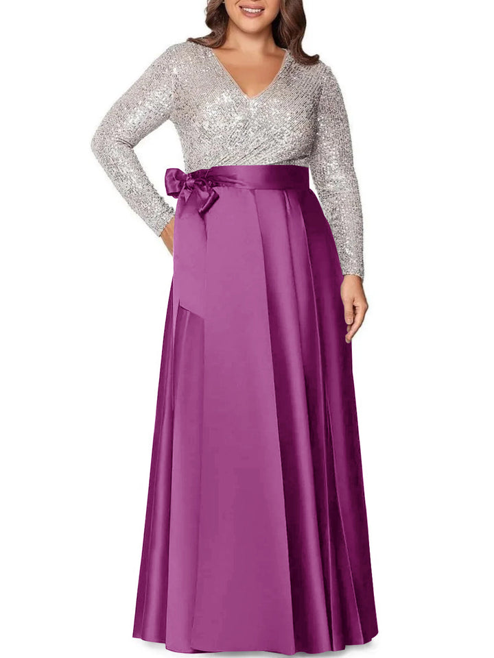 Robe de Mère de la Mariée Grande Taille, Coupe A-Line/Princess, Col en V, Manches Longues, Longueur Au Sol, avec Poches et Paillettes