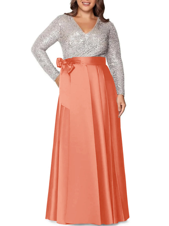 Robe de Mère de la Mariée Grande Taille, Coupe A-Line/Princess, Col en V, Manches Longues, Longueur Au Sol, avec Poches et Paillettes