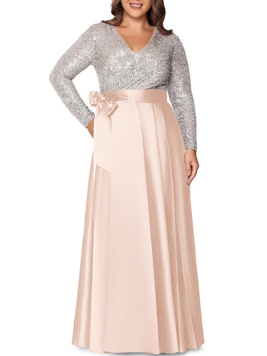 Robe de Mère de la Mariée Grande Taille, Coupe A-Line/Princess, Col en V, Manches Longues, Longueur Au Sol, avec Poches et Paillettes