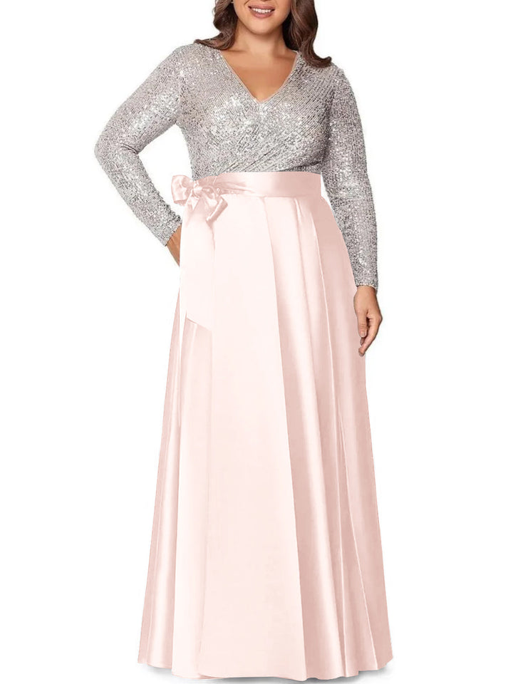 Robe de Mère de la Mariée Grande Taille, Coupe A-Line/Princess, Col en V, Manches Longues, Longueur Au Sol, avec Poches et Paillettes