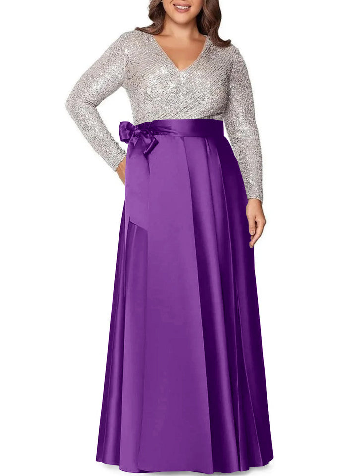 Robe de Mère de la Mariée Grande Taille, Coupe A-Line/Princess, Col en V, Manches Longues, Longueur Au Sol, avec Poches et Paillettes