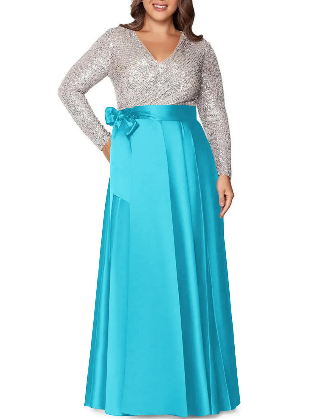 Robe de Mère de la Mariée Grande Taille, Coupe A-Line/Princess, Col en V, Manches Longues, Longueur Au Sol, avec Poches et Paillettes