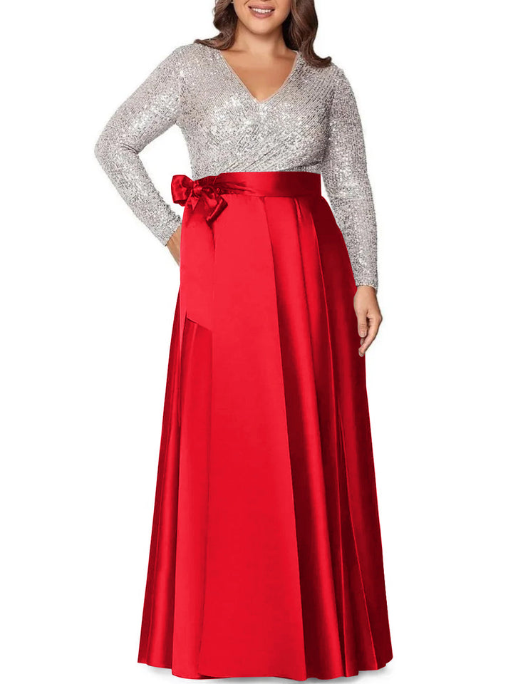 Robe de Mère de la Mariée Grande Taille, Coupe A-Line/Princess, Col en V, Manches Longues, Longueur Au Sol, avec Poches et Paillettes