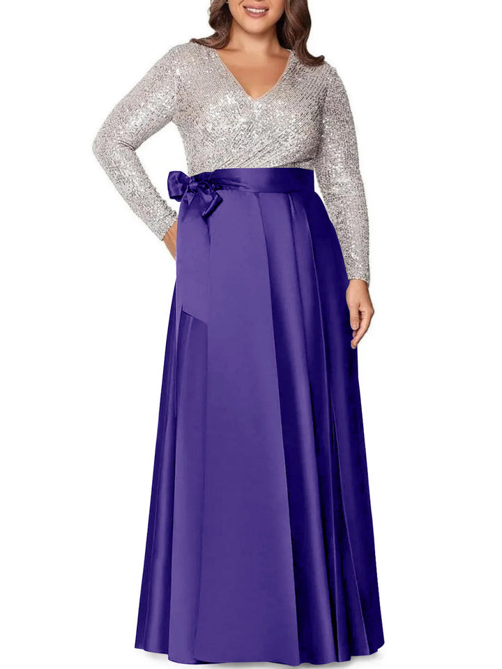 Robe de Mère de la Mariée Grande Taille, Coupe A-Line/Princess, Col en V, Manches Longues, Longueur Au Sol, avec Poches et Paillettes
