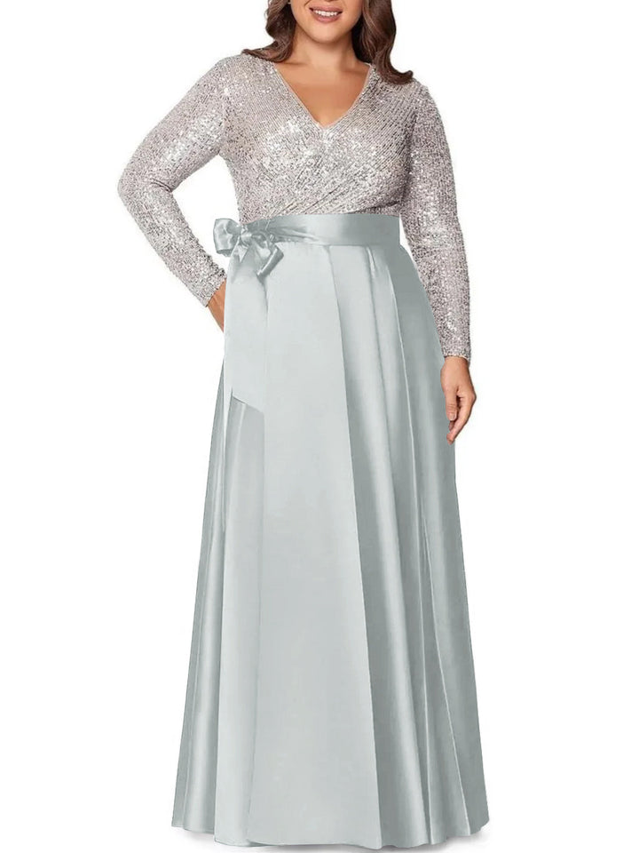 Robe de Mère de la Mariée Grande Taille, Coupe A-Line/Princess, Col en V, Manches Longues, Longueur Au Sol, avec Poches et Paillettes