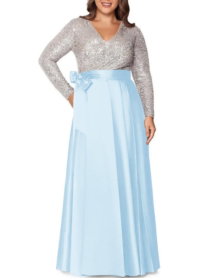 Robe de Mère de la Mariée Grande Taille, Coupe A-Line/Princess, Col en V, Manches Longues, Longueur Au Sol, avec Poches et Paillettes
