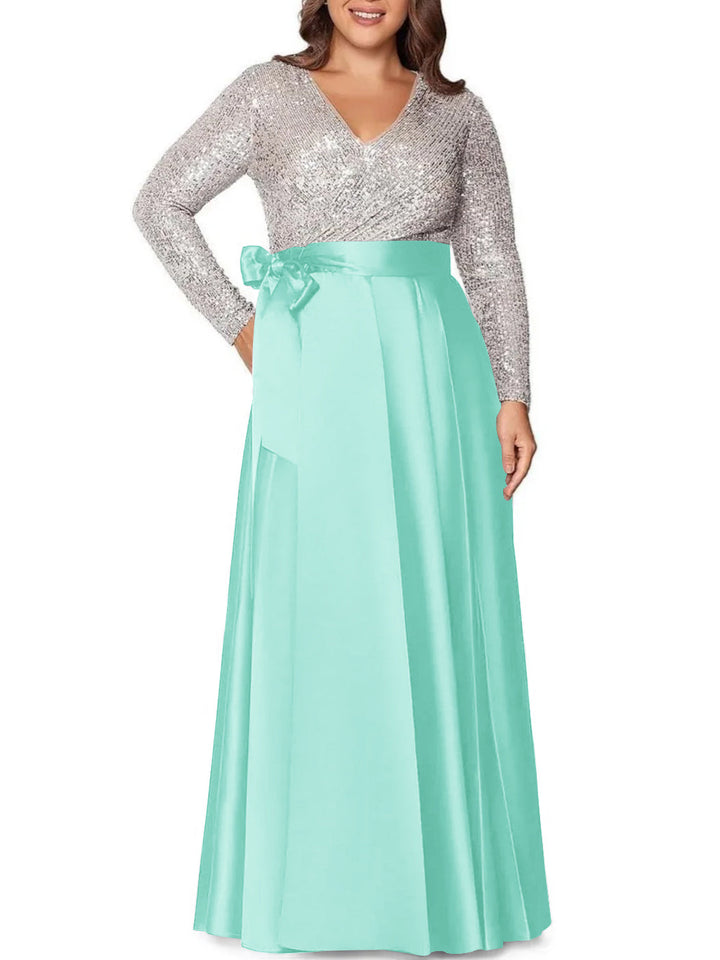 Robe de Mère de la Mariée Grande Taille, Coupe A-Line/Princess, Col en V, Manches Longues, Longueur Au Sol, avec Poches et Paillettes