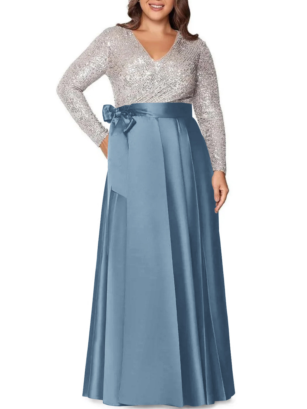 Robe de Mère de la Mariée Grande Taille, Coupe A-Line/Princess, Col en V, Manches Longues, Longueur Au Sol, avec Poches et Paillettes