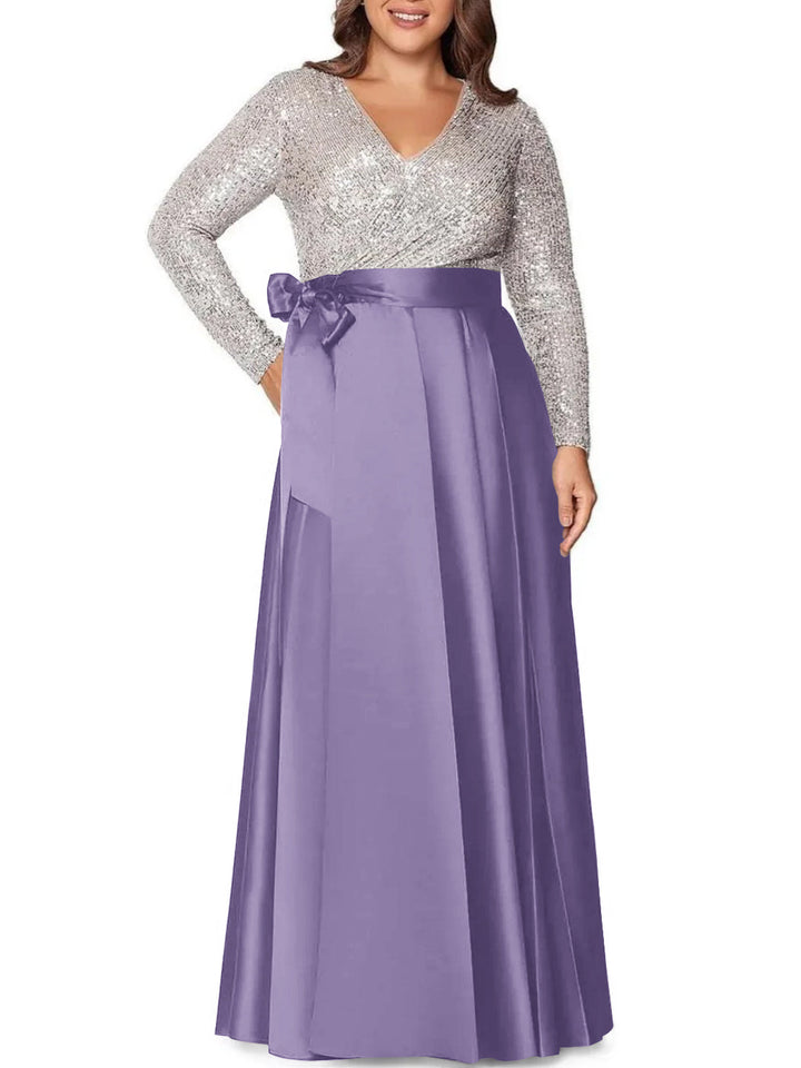 Robe de Mère de la Mariée Grande Taille, Coupe A-Line/Princess, Col en V, Manches Longues, Longueur Au Sol, avec Poches et Paillettes