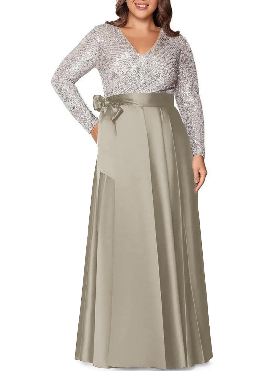 Robe de Mère de la Mariée Grande Taille, Coupe A-Line/Princess, Col en V, Manches Longues, Longueur Au Sol, avec Poches et Paillettes