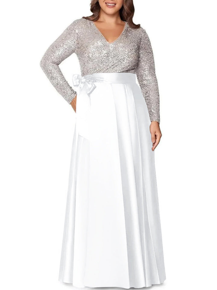 Robe de Mère de la Mariée Grande Taille, Coupe A-Line/Princess, Col en V, Manches Longues, Longueur Au Sol, avec Poches et Paillettes