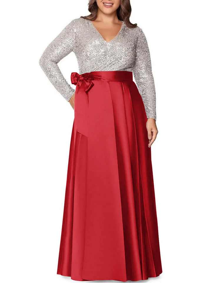 Robe de Mère de la Mariée Grande Taille, Coupe A-Line/Princess, Col en V, Manches Longues, Longueur Au Sol, avec Poches et Paillettes