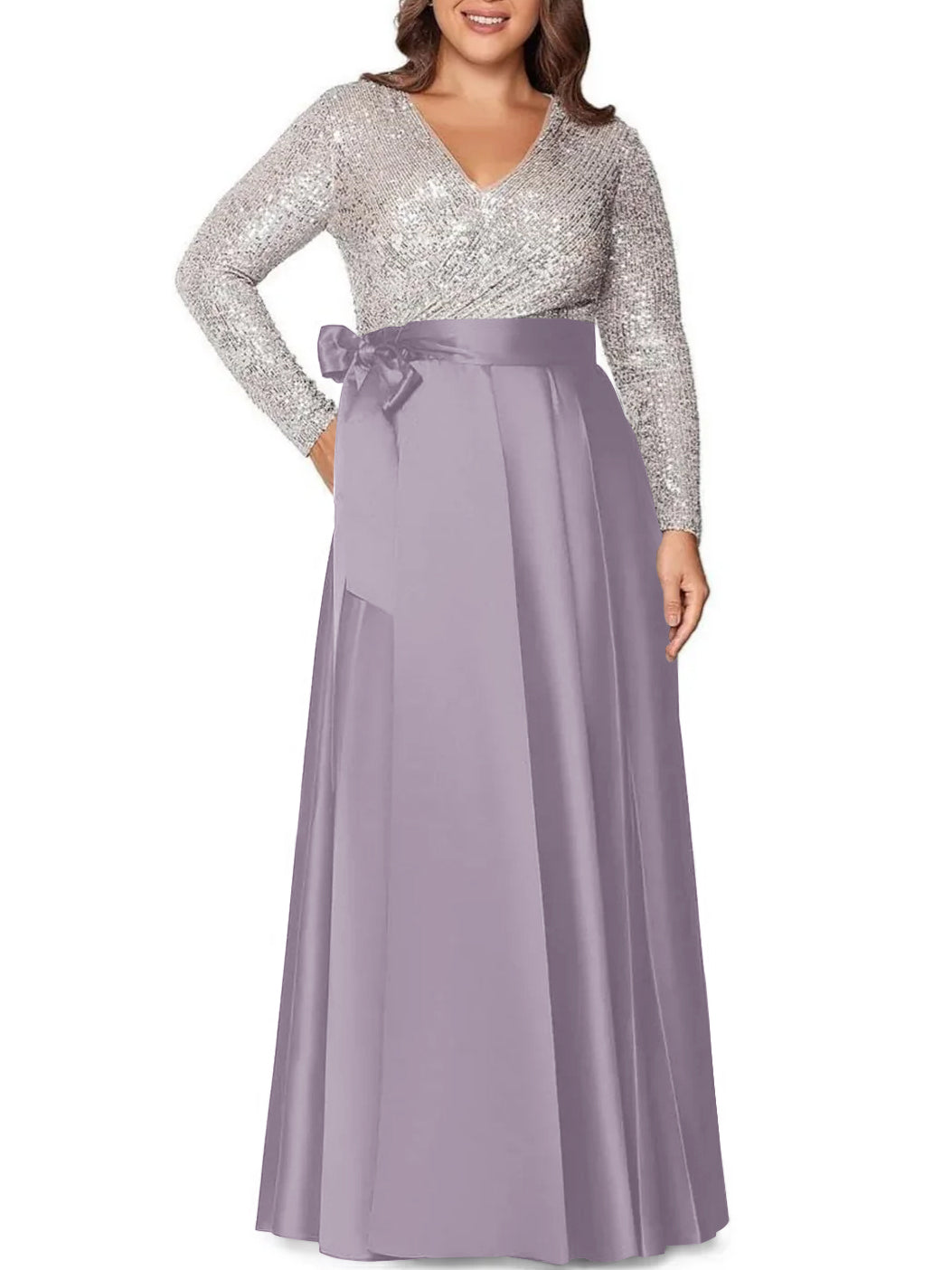 Robe de Mère de la Mariée Grande Taille, Coupe A-Line/Princess, Col en V, Manches Longues, Longueur Au Sol, avec Poches et Paillettes