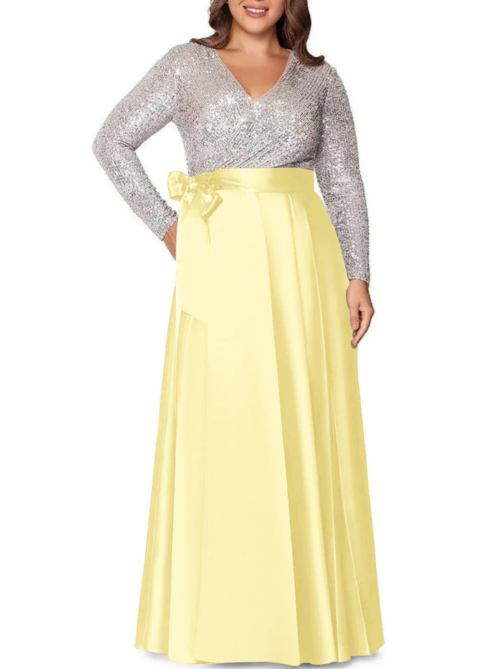 Robe de Mère de la Mariée Grande Taille, Coupe A-Line/Princess, Col en V, Manches Longues, Longueur Au Sol, avec Poches et Paillettes