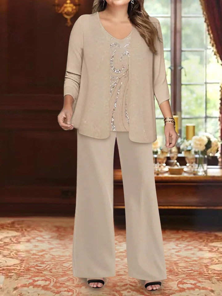 Ensemble 3 Pièces en Mousseline de Soie à Col en V et Longueur Au Sol pour Mère de la Mariée, Grande Taille, avec Veste et Paillettes