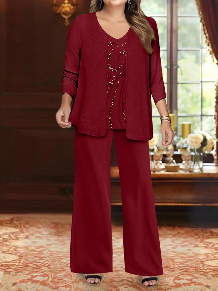 Ensemble 3 Pièces en Mousseline de Soie à Col en V et Longueur Au Sol pour Mère de la Mariée, Grande Taille, avec Veste et Paillettes