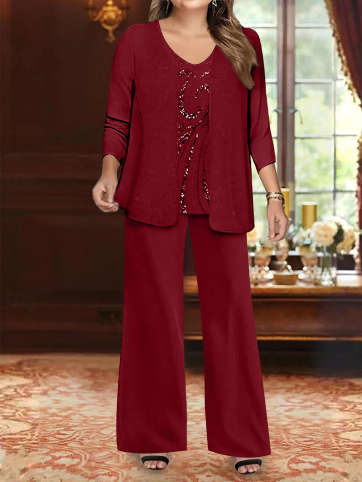 Ensemble 3 Pièces en Mousseline de Soie à Col en V et Longueur Au Sol pour Mère de la Mariée, Grande Taille, avec Veste et Paillettes