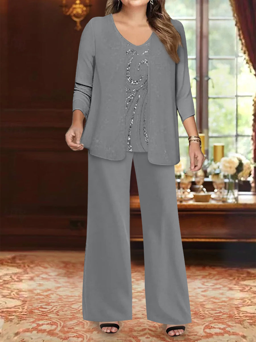Ensemble 3 Pièces en Mousseline de Soie à Col en V et Longueur Au Sol pour Mère de la Mariée, Grande Taille, avec Veste et Paillettes