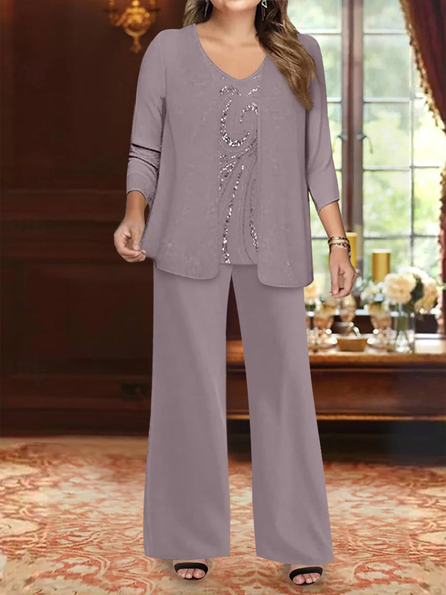 Ensemble 3 Pièces en Mousseline de Soie à Col en V et Longueur Au Sol pour Mère de la Mariée, Grande Taille, avec Veste et Paillettes
