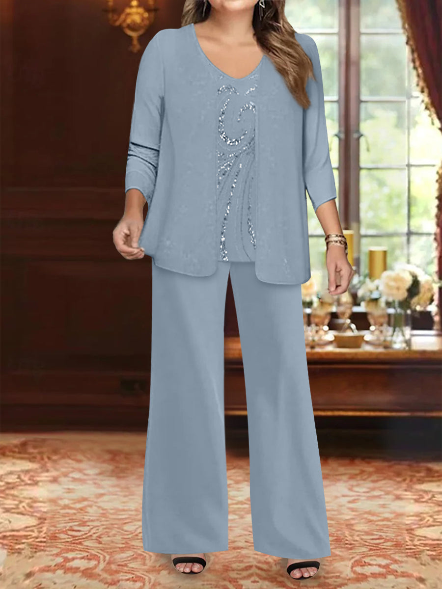 Ensemble 3 Pièces en Mousseline de Soie à Col en V et Longueur Au Sol pour Mère de la Mariée, Grande Taille, avec Veste et Paillettes