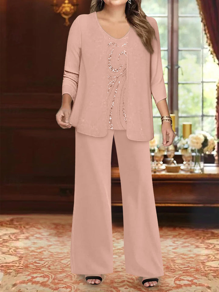 Ensemble 3 Pièces en Mousseline de Soie à Col en V et Longueur Au Sol pour Mère de la Mariée, Grande Taille, avec Veste et Paillettes