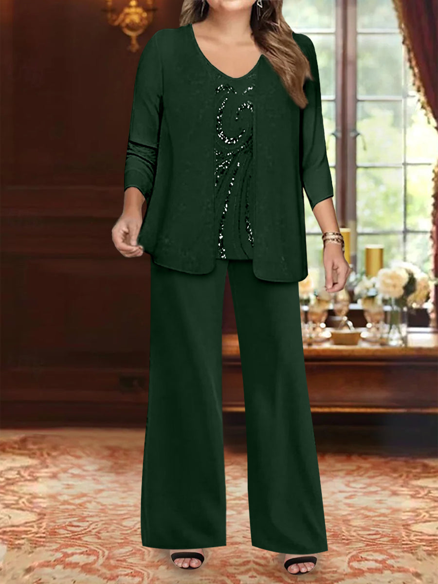 Ensemble 3 Pièces en Mousseline de Soie à Col en V et Longueur Au Sol pour Mère de la Mariée, Grande Taille, avec Veste et Paillettes