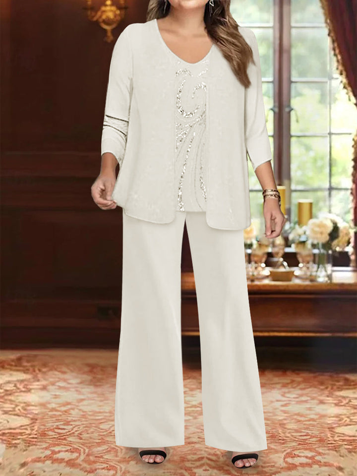 Ensemble 3 Pièces en Mousseline de Soie à Col en V et Longueur Au Sol pour Mère de la Mariée, Grande Taille, avec Veste et Paillettes