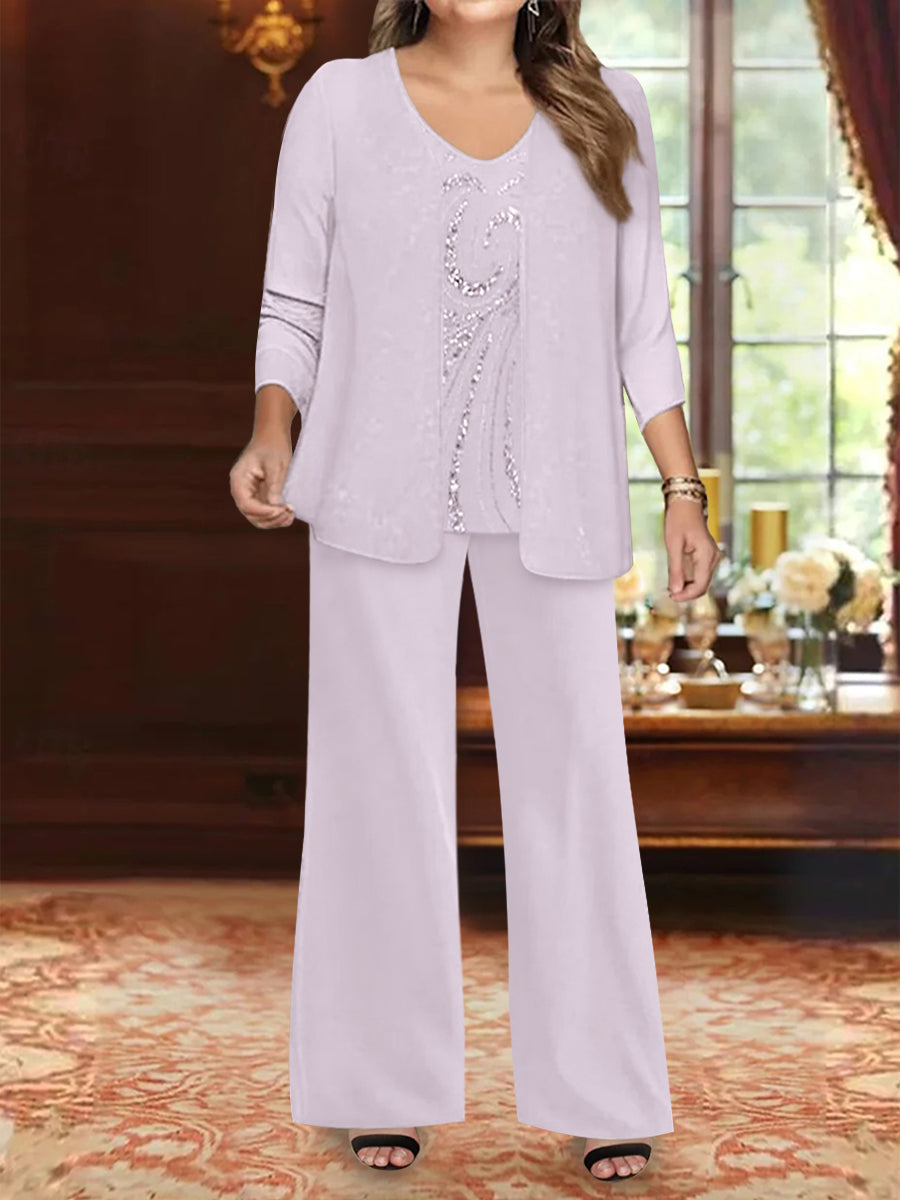 Ensemble 3 Pièces en Mousseline de Soie à Col en V et Longueur Au Sol pour Mère de la Mariée, Grande Taille, avec Veste et Paillettes