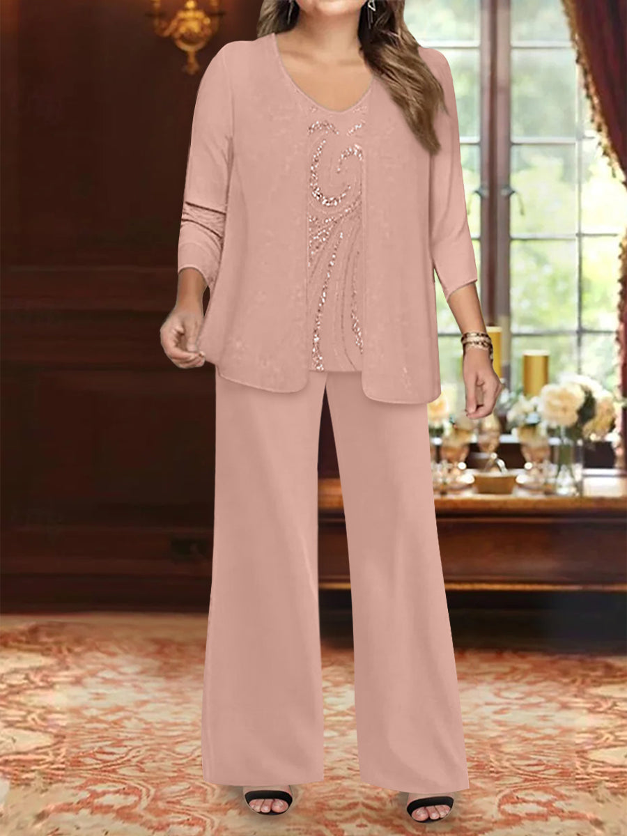 Ensemble 3 Pièces en Mousseline de Soie à Col en V et Longueur Au Sol pour Mère de la Mariée, Grande Taille, avec Veste et Paillettes