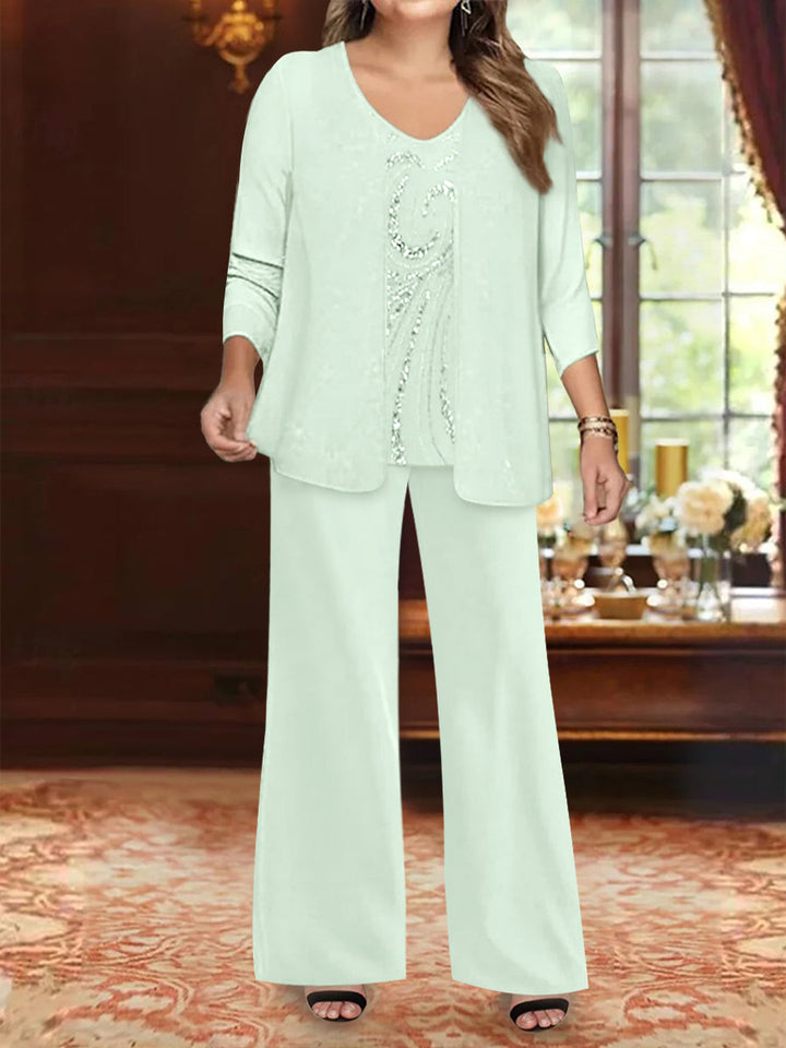 Ensemble 3 Pièces en Mousseline de Soie à Col en V et Longueur Au Sol pour Mère de la Mariée, Grande Taille, avec Veste et Paillettes