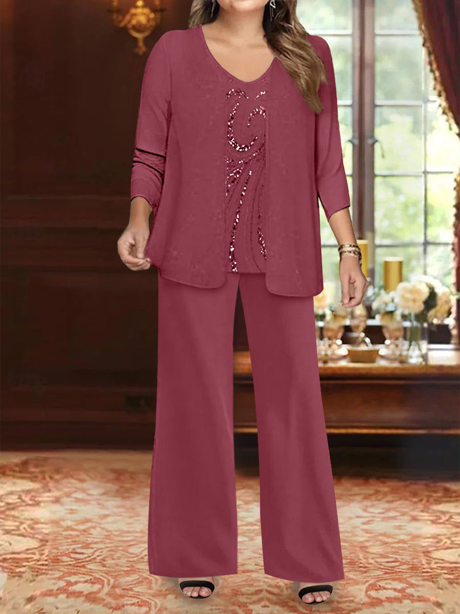 Ensemble 3 Pièces en Mousseline de Soie à Col en V et Longueur Au Sol pour Mère de la Mariée, Grande Taille, avec Veste et Paillettes