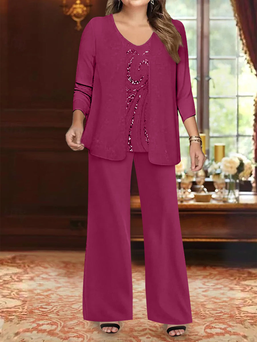 Ensemble 3 Pièces en Mousseline de Soie à Col en V et Longueur Au Sol pour Mère de la Mariée, Grande Taille, avec Veste et Paillettes